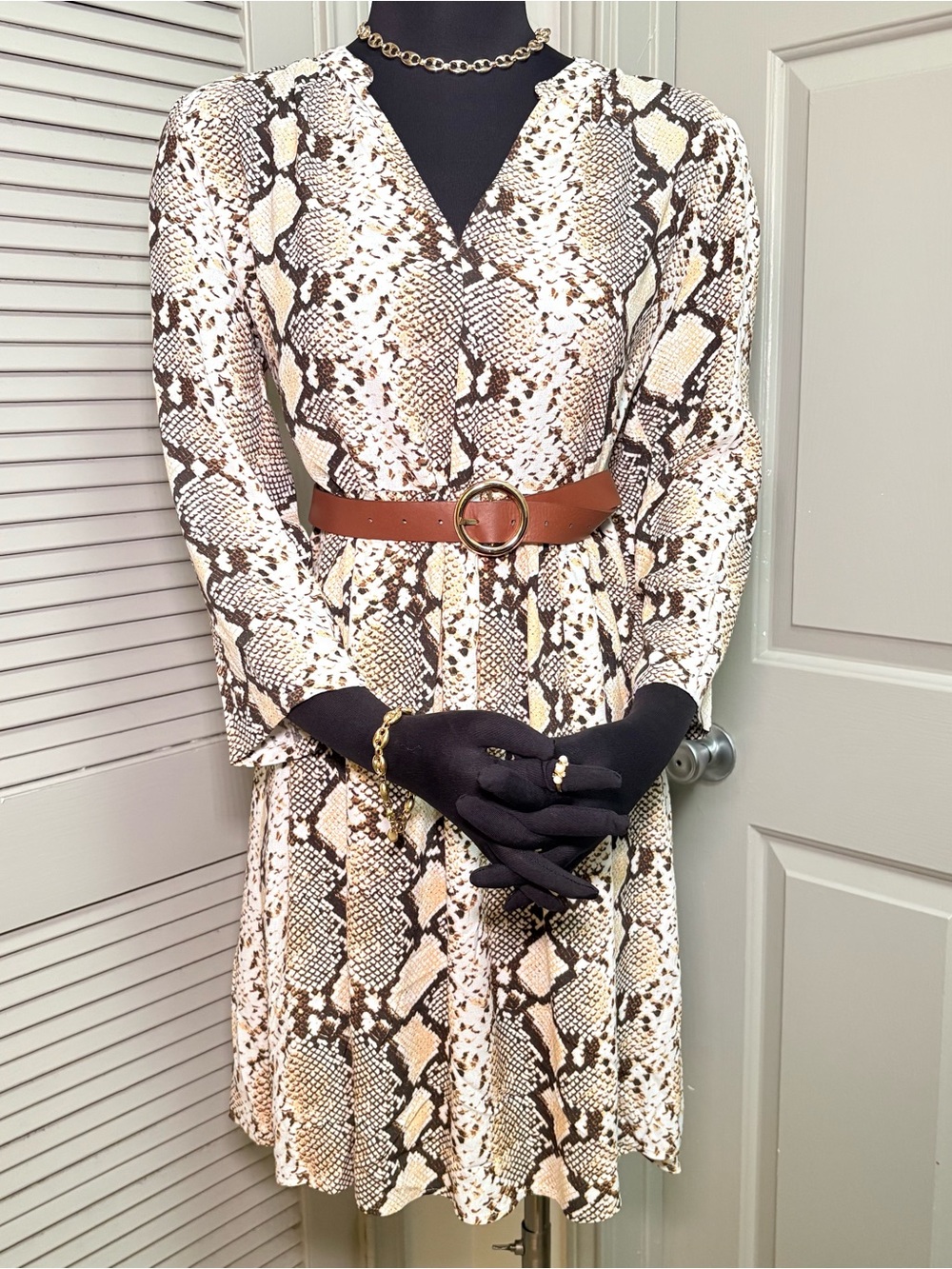 Anthropologie Maeve Juno Snake-skin  Dress in Brown and Cream